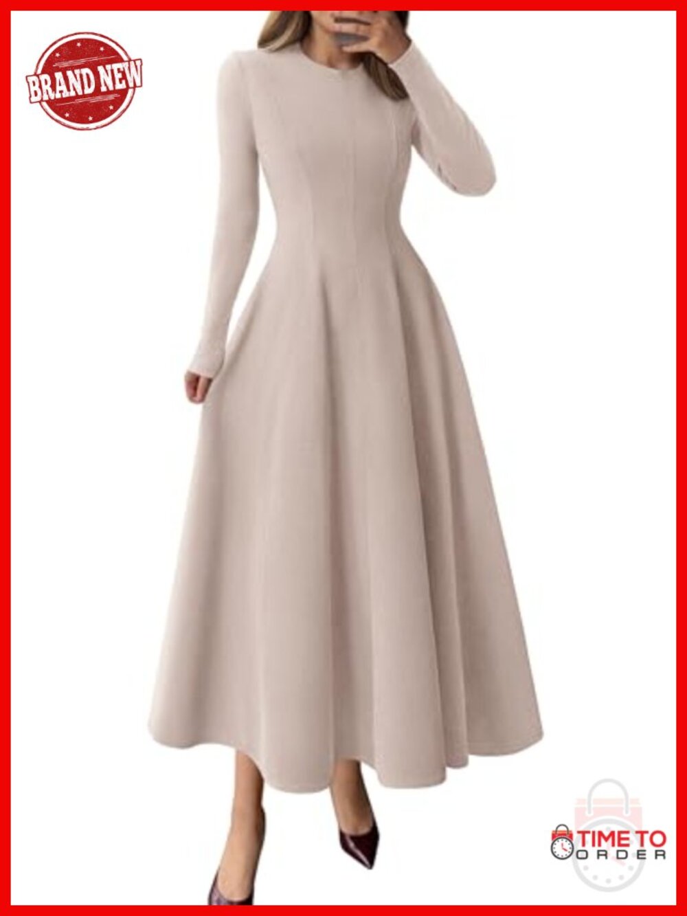 Women's Long Sleeve A-Line Midi Cocktail Dress Fit & Flare Elegant